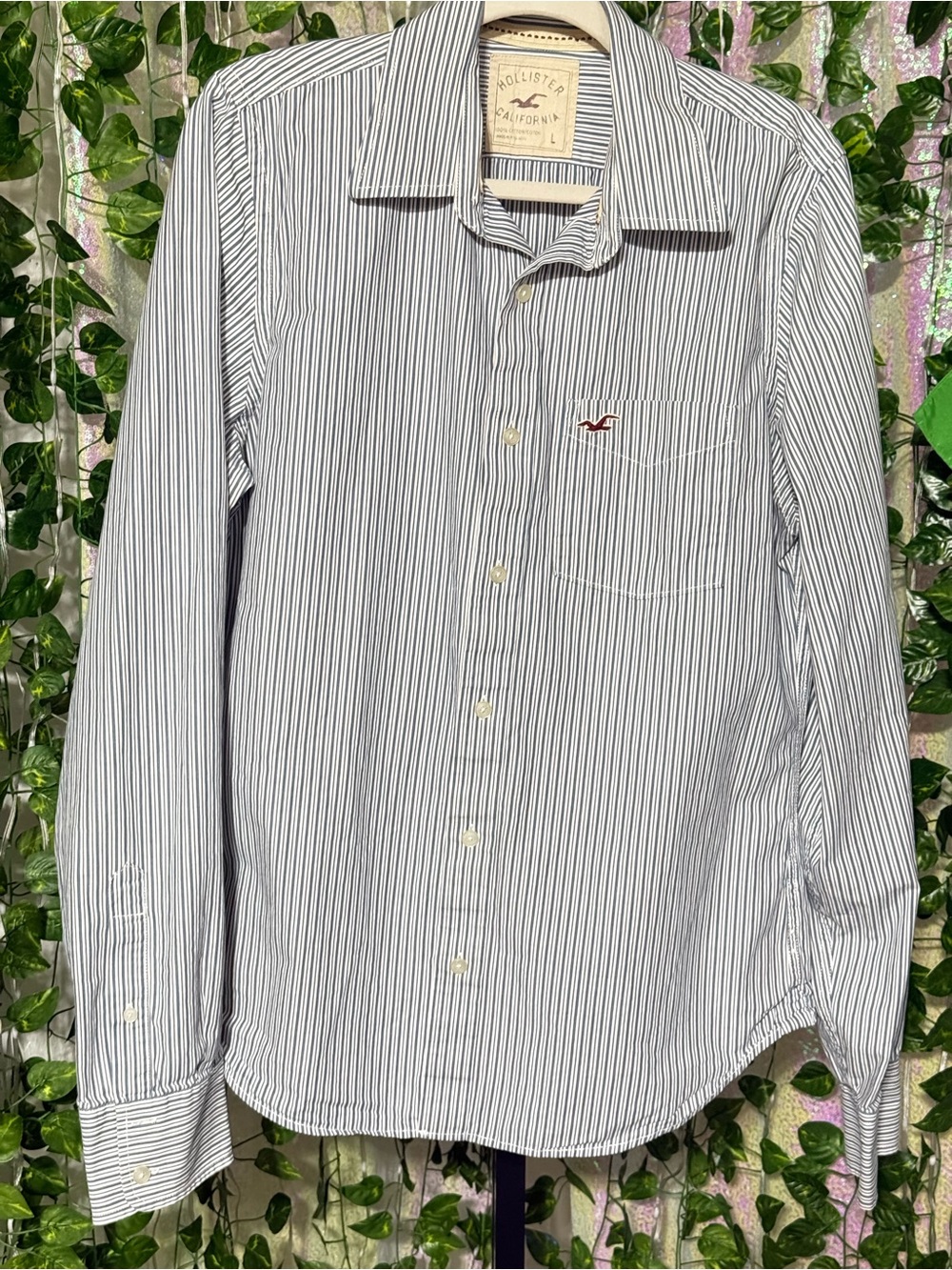 Vintage Y2K Hollister California Blue Cotton Striped Long Sleeve Button Shirt L